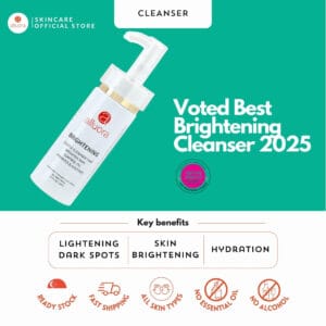 Skin brightening skincare routine in Singapore with cleanser serum moisturizer and sunscreen