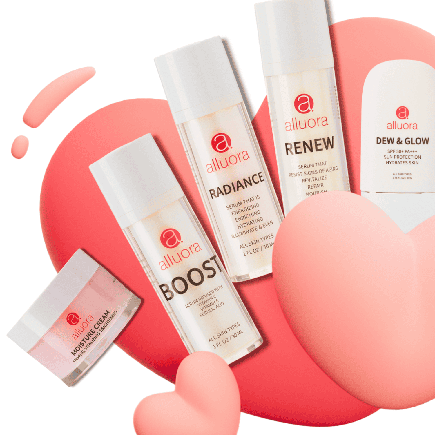 Glow skincare collection,Skin care products with Alluora serums and moisturizer for radiant, revitalized skin.