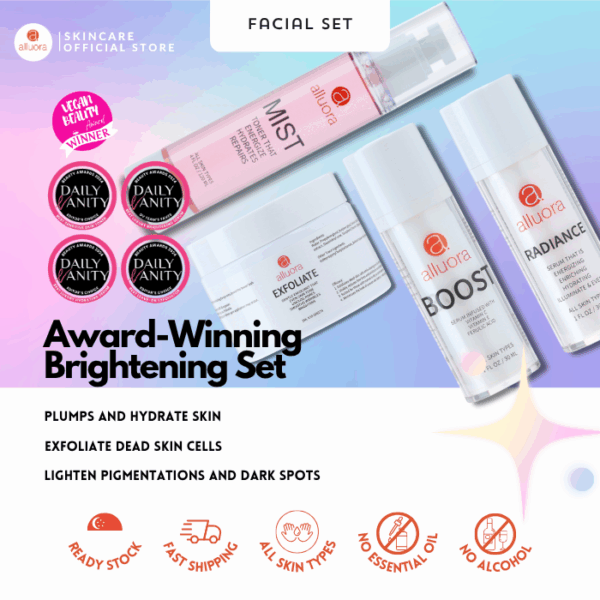 Alluora Brightening Set: Exfoliate Sheet, Mist Toner, Boost Serum, Radiance Serum