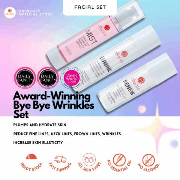 Alluora Bye Bye Wrinkles Set: Mist Toner, Renew Serum & Lumine Moisturiser