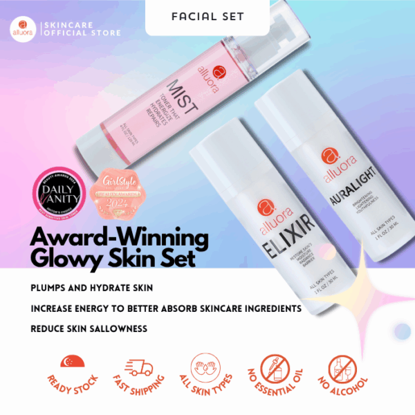 Alluora Glowy Skin Set: Mist Toner, Elixir Essence, Auralight Serum