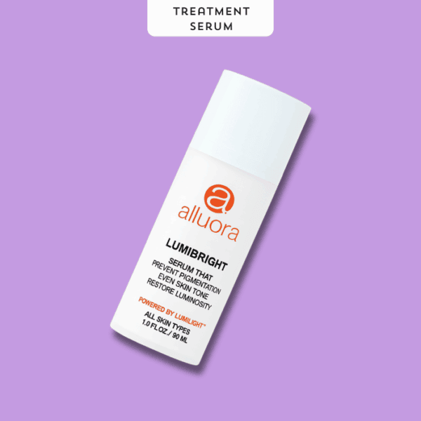 Vegan skincare serum bottle on purple background, Alluora Lumbright treatment serum for skin tone.