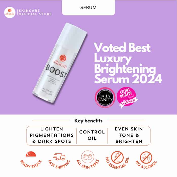 Boost luxury brightening serum Alluora, best skincare for dark spots, even skin tone, control oil, vegan, alcohol-free.