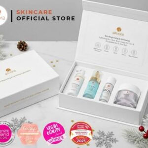Alluora skincare gift set with cleansers, serums, and moisturizer in elegant box.