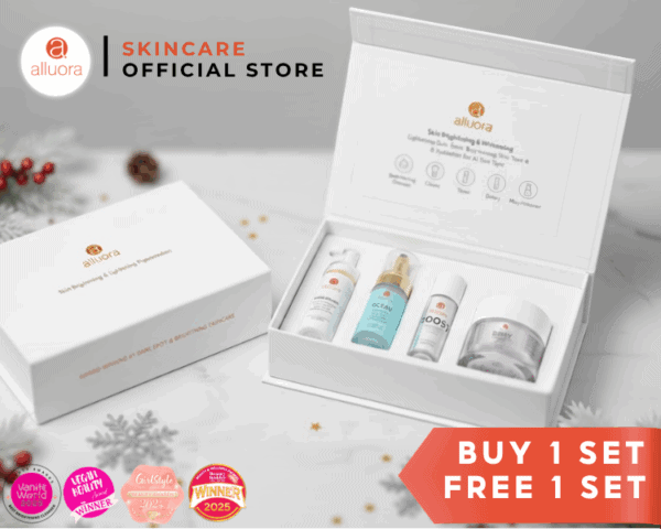 Brightening skincare set for dark spots and glowing complexion, includes serums and creams.