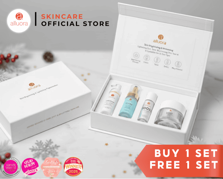 Brightening skincare set for dark spots and glowing complexion, includes serums and creams.