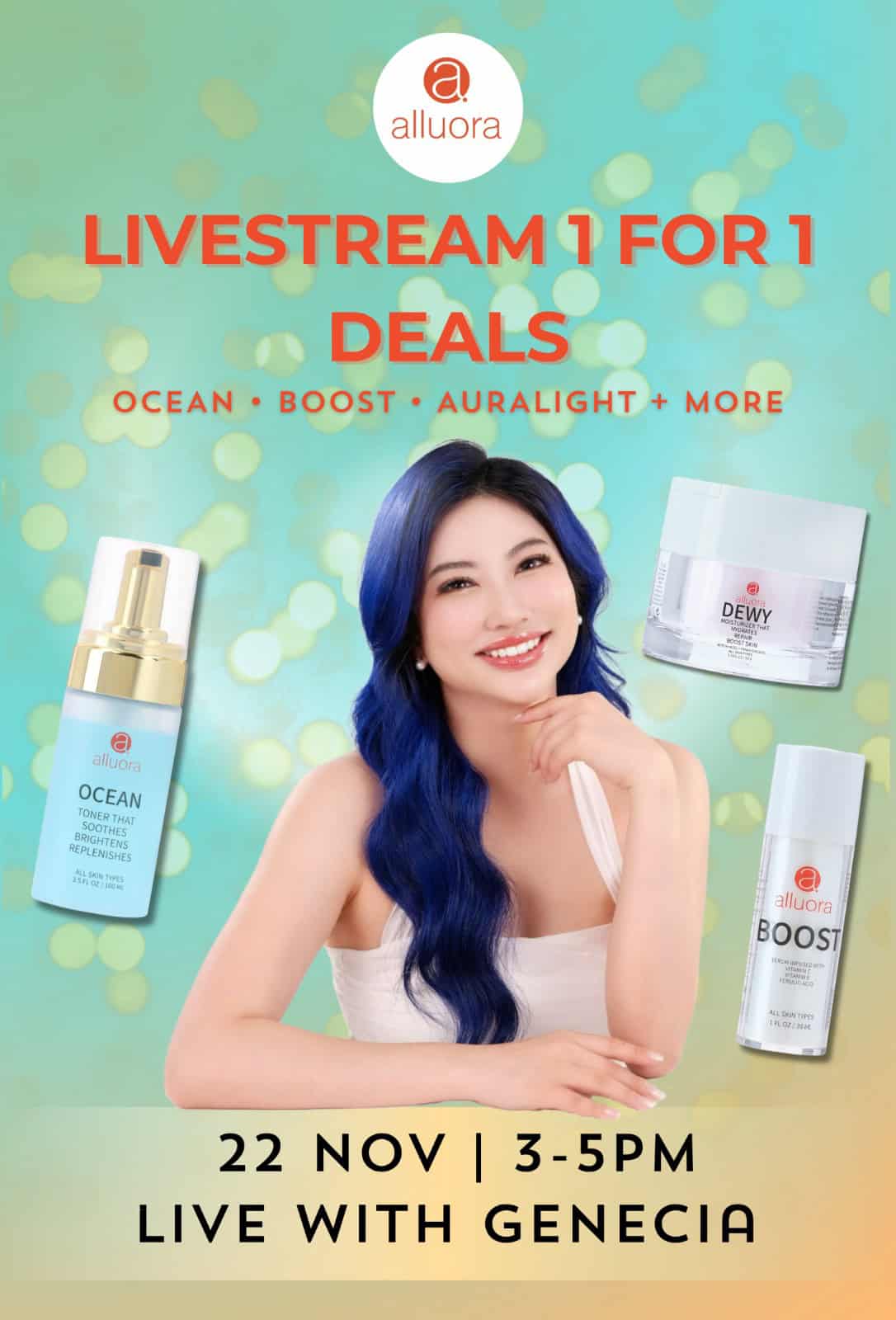 Bright smiling woman with vibrant blue hair promoting Alluora skincare products for glowing skin.