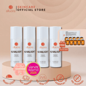 Elegant bottles of Alluora Auralight skincare serum for brightening and youthful skin.