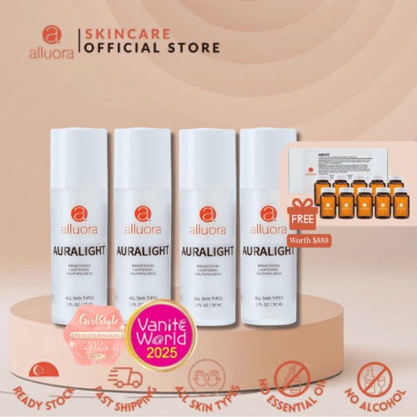 Elegant bottles of Alluora Auralight skincare serum for brightening and youthful skin.
