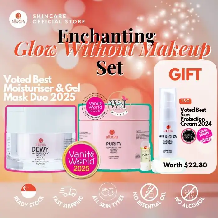 Allura glow skincare set for radiant skin without makeup, includes moisturizer, gel, and sun protection.