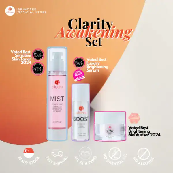 Allura skincare clarity awakening set with best sensitive skin toner, brightening serum, and moisturizer.