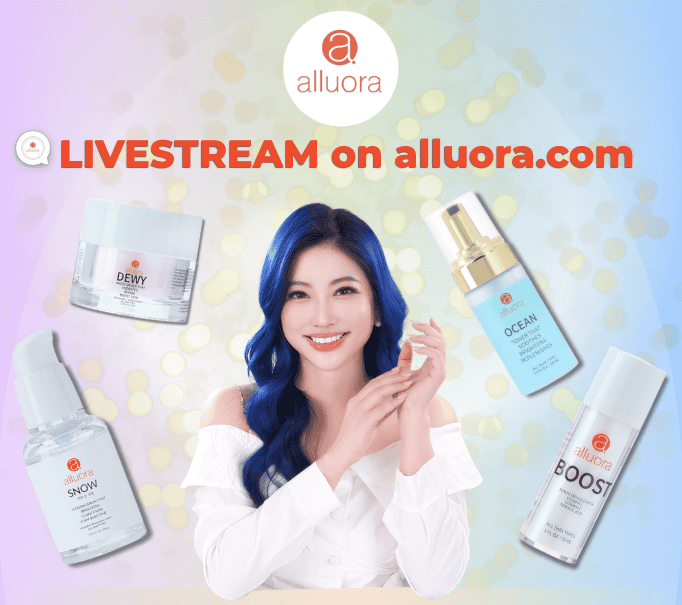 A smiling woman with vibrant blue hair promoting Alluora skincare products, including Dewy, Ocean, Snow, and Boost.