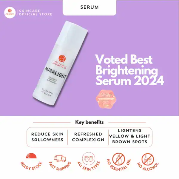 Voted best brightening serum 2024 by Alluora skincare, suitable for all skin types to reduce dullness.