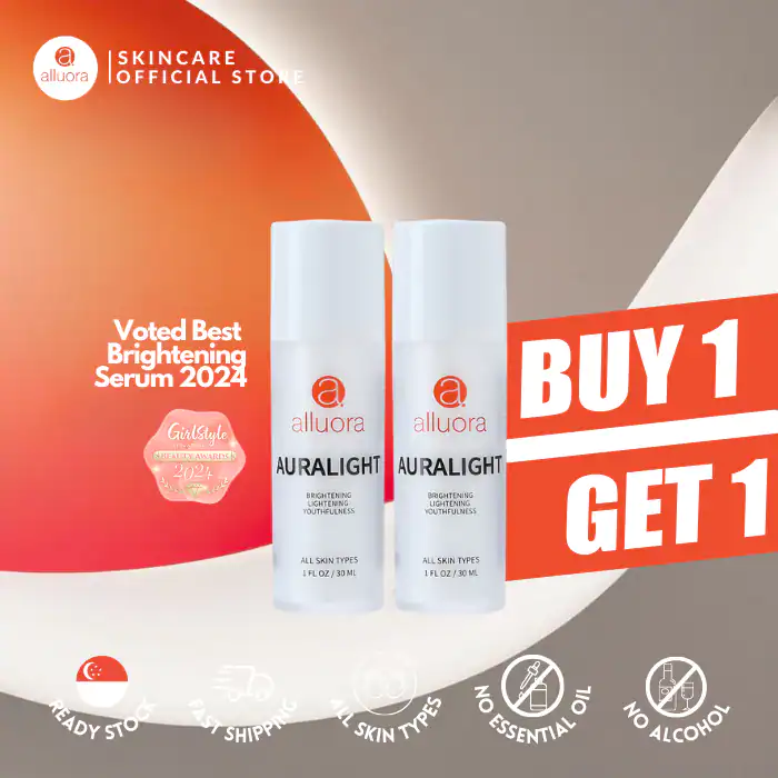 Alluora Auralight Brightening Serum for luminous, youthful skin, 2-for-1 offer on all skin types.