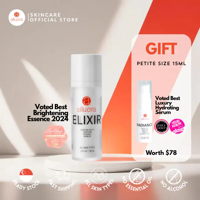 Alluora Elixir Hydrating Serum for glowing skin, suitable for all skin types. Perfect gift size, valued at $78.