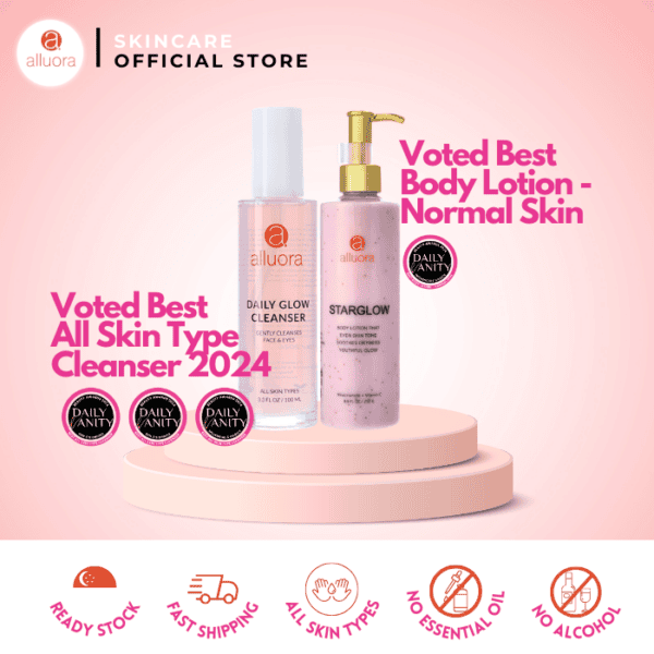 Alluora skincare products for normal skin, body lotion, and facial cleanser.