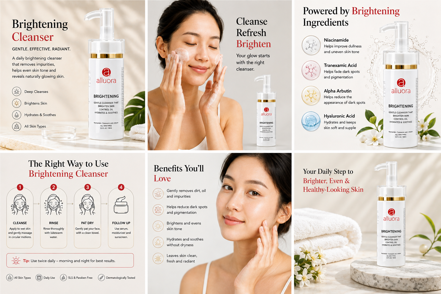 Woman using Alluora Dark Spots Cleanser for brighter skin