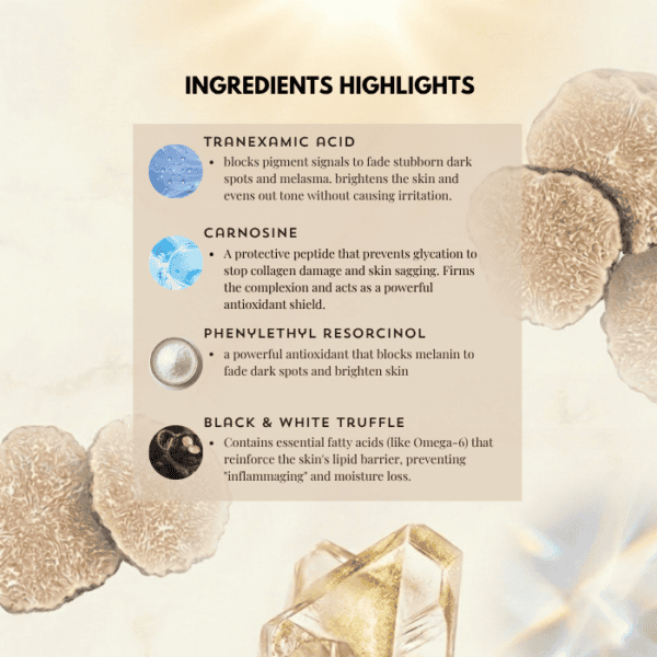 Alluora skincare ingredients highlighting Tranexamic Acid, Carnosine, Phenylethyl Resorcinol, and Bl.