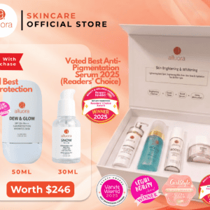Alluora skincare set with anti-pigmentation serum and sun protection, featuring award-winning produc.