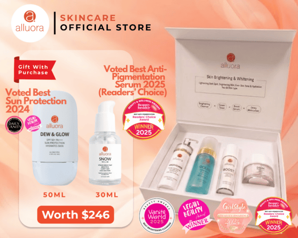 Alluora skincare set with anti-pigmentation serum and sun protection, featuring award-winning produc.