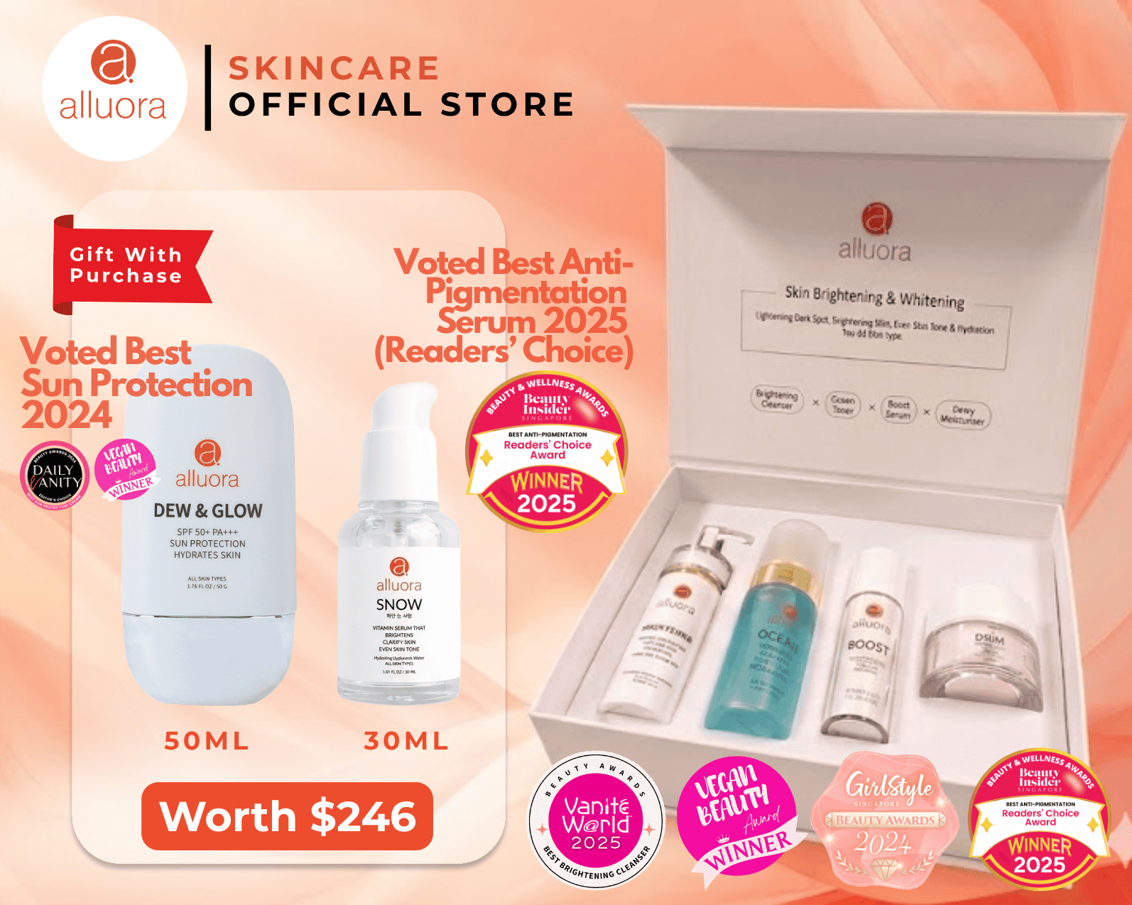 Alluora skincare set with anti-pigmentation serum and sun protection, featuring award-winning produc.