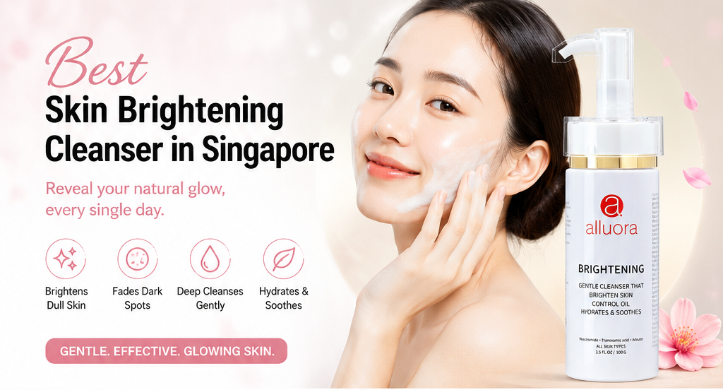 Woman applying Alluora Skin Brightening Cleanser with infographic highlighting Niacinamide, Tranexamic Acid, Arbutin, skin brightening benefits, and skincare routine for women in Singapore.