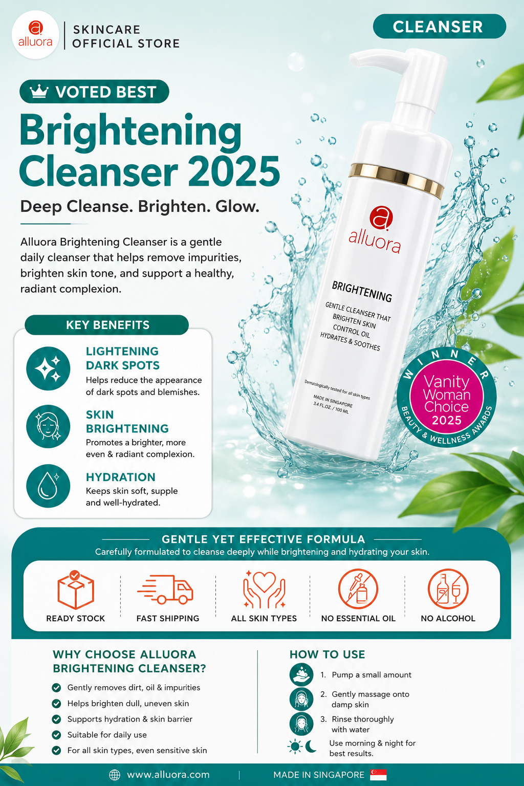 Alluora Skin Brightening Cleanser for dark spots, glowing skin, gentle exfoliation, uneven skin tone, and hydrated skincare in Singapore