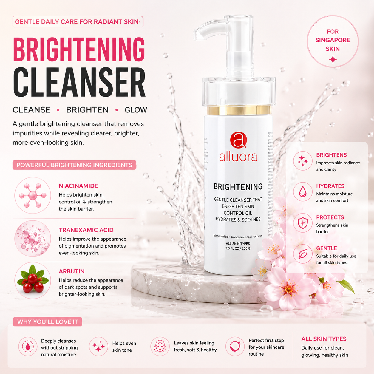 Alluora Brightening Cleanser featuring Niacinamide, Tranexamic Acid, and Arbutin to brighten skin, reduce dark spots, control oil, and hydrate for healthy, glowing Singapore skin.
