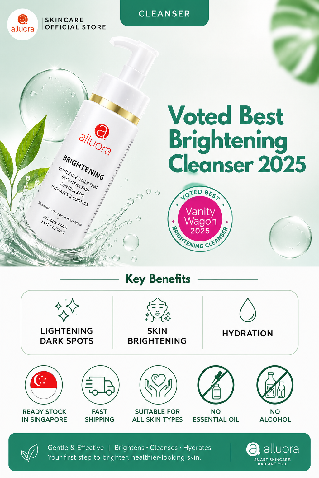 Best brightening cleanser for dull skin and dark spots featuring Niacinamide, Tranexamic Acid, and Arbutin to brighten, hydrate, and cleanse skin gently
