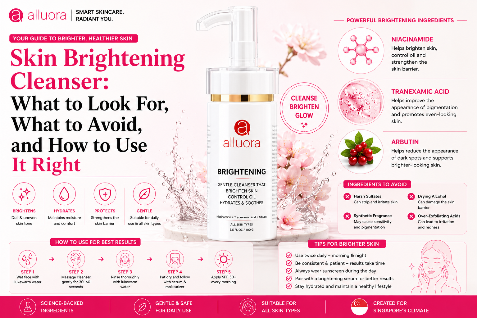 Alluora Skin Brightening Cleanser infographic showing key brightening ingredients including Niacinamide, Tranexamic Acid, and Arbutin, with skincare benefits, usage instructions, and skin brightening tips for radiant, even-toned skin