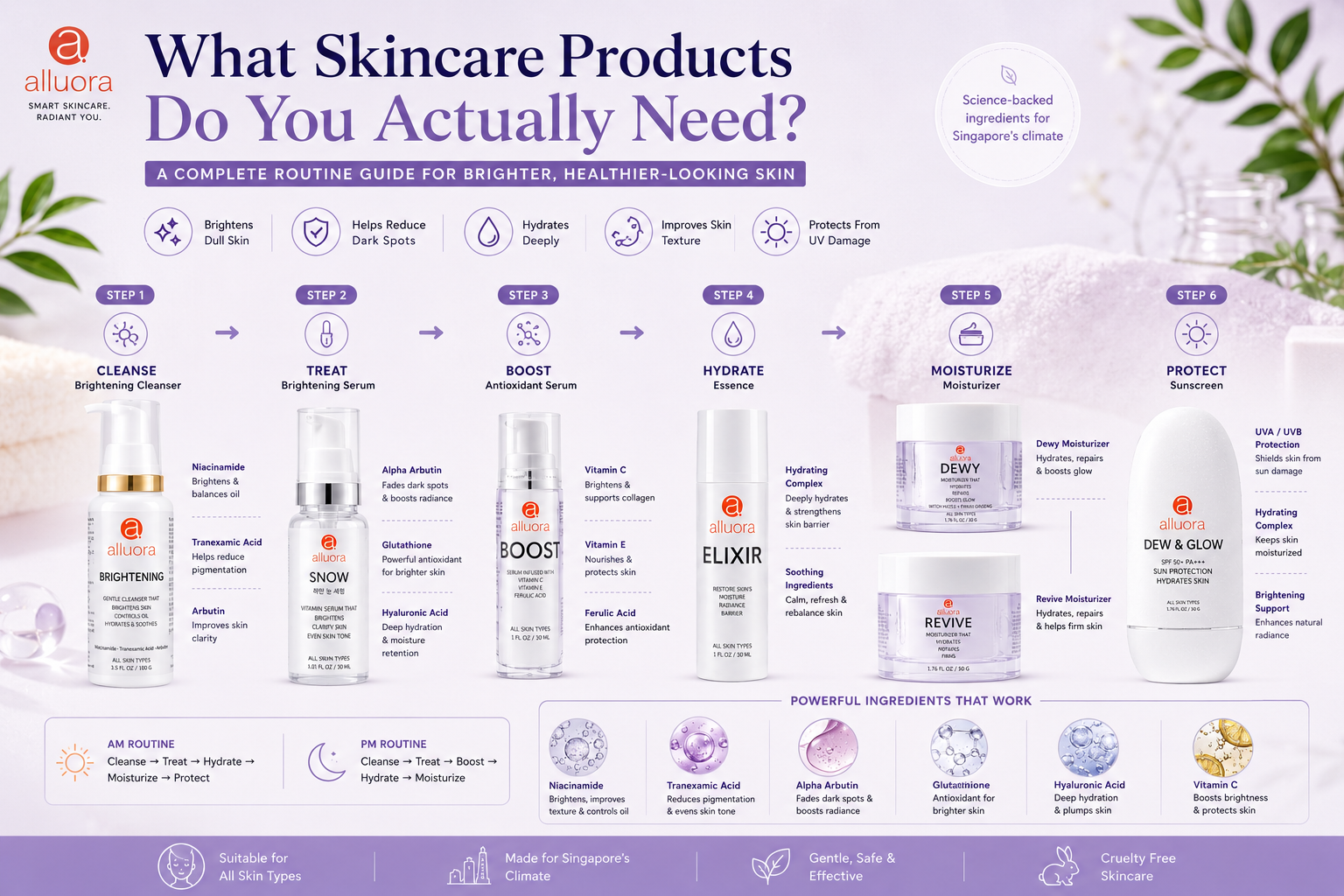 Alluora skin care products routine guide for bright skin, dark spots, hydration, anti-aging, and sun protection in Singapore