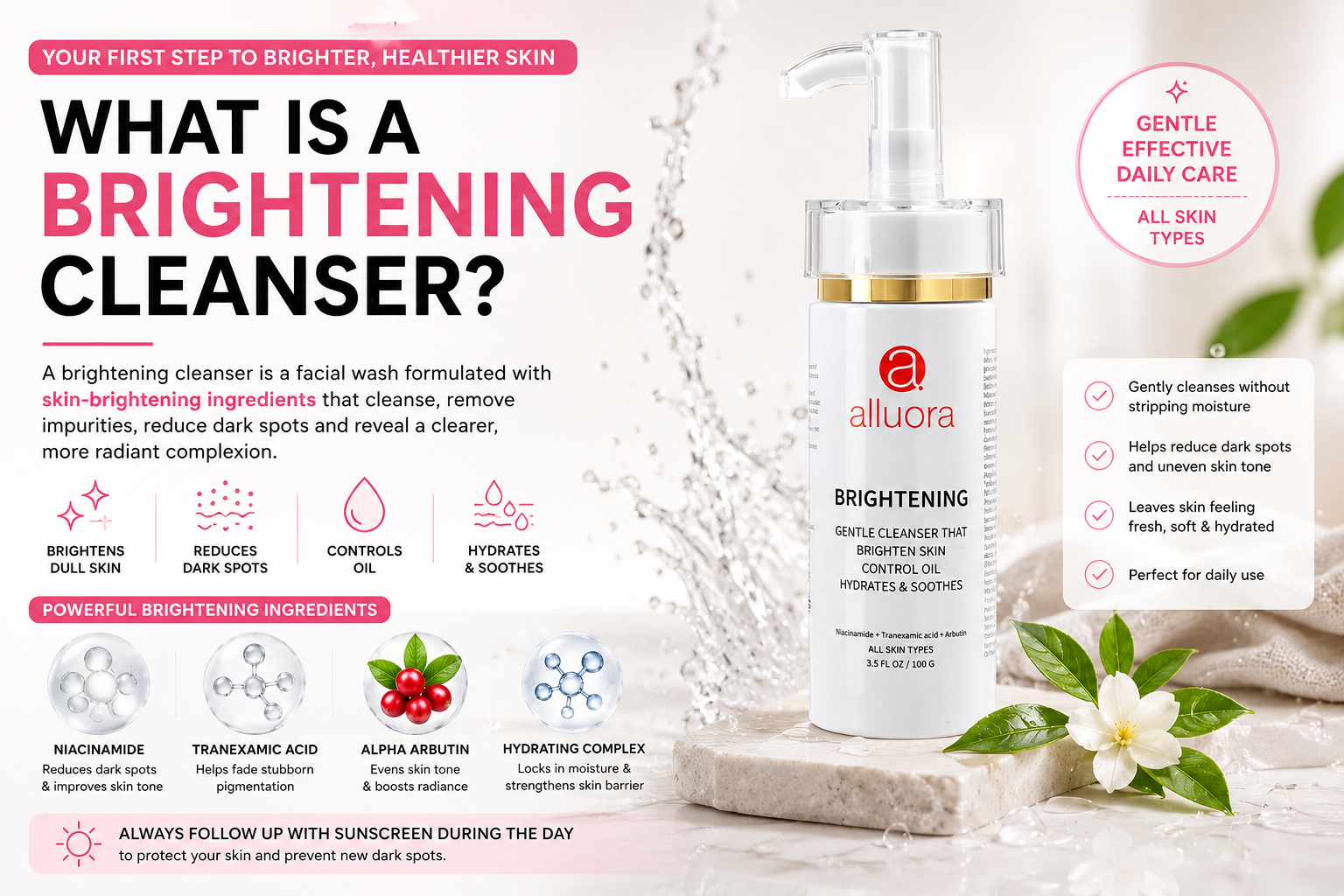 Alluora Brightening Cleanser with Niacinamide, Tranexamic Acid, and Alpha Arbutin for brighter skin, dark spot reduction, hydration, and gentle daily cleansing in Singapore.