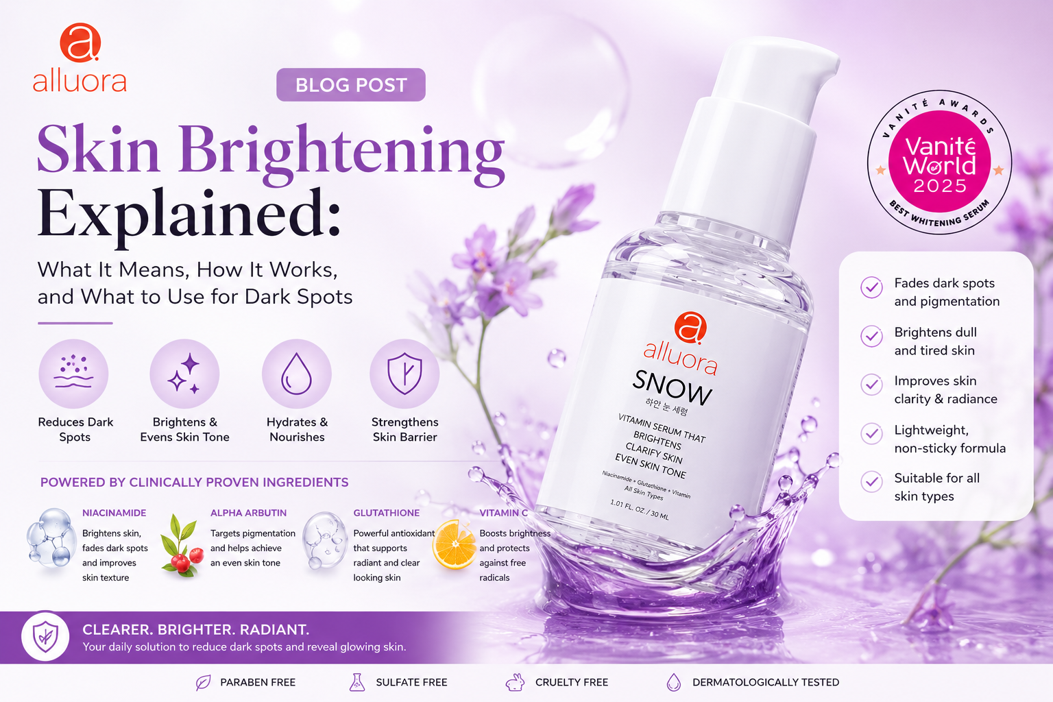 Alluora Snow Serum dark spot remover with Niacinamide, Glutathione, Alpha Arbutin, and Vitamin C to reduce dark spots, brighten skin, and improve uneven skin tone in Singapore.