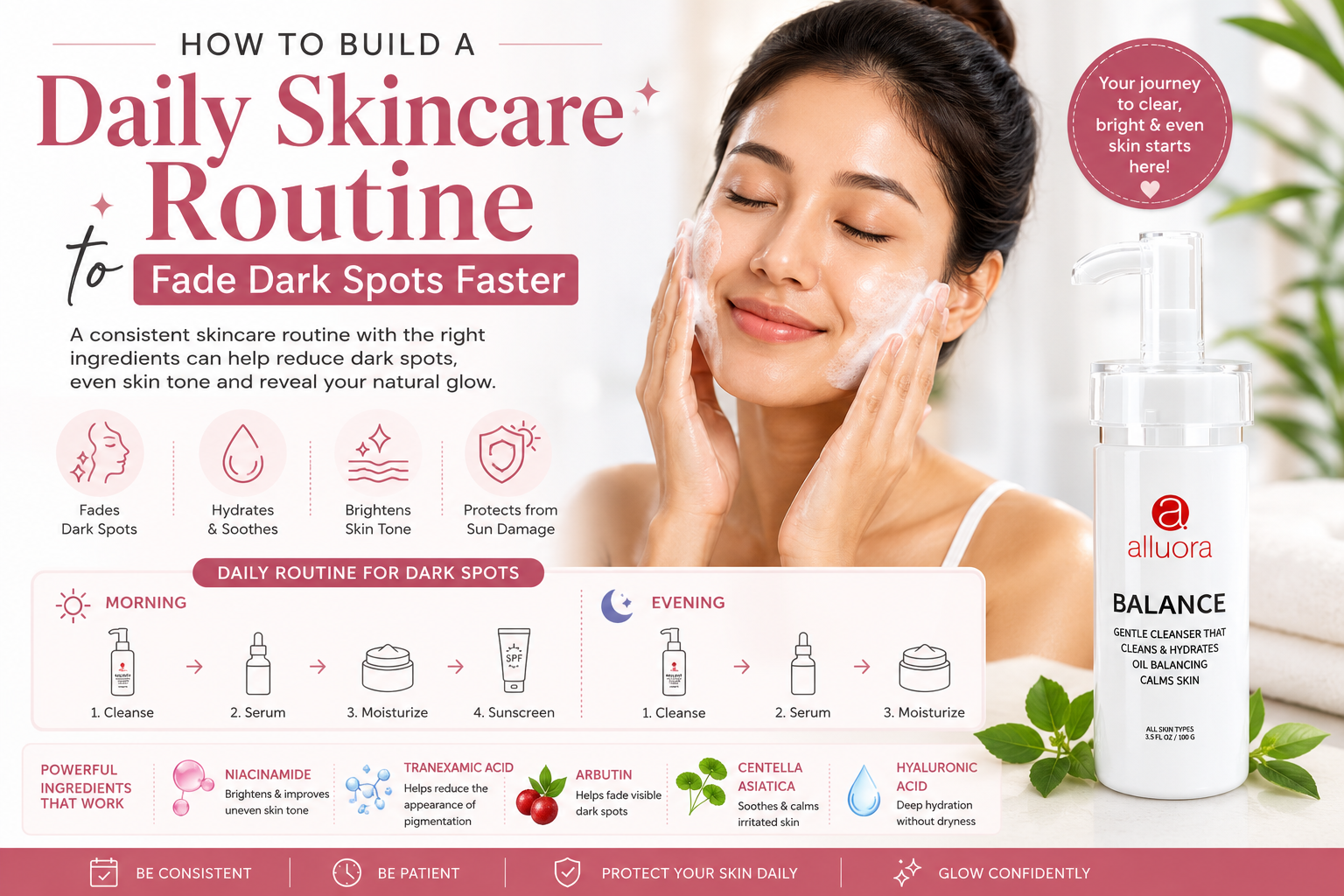 Woman using the Alluora Balance Cleanser as part of a daily skincare routine to help reduce the appearance of dark spots and achieve brighter, healthier-looking skin.