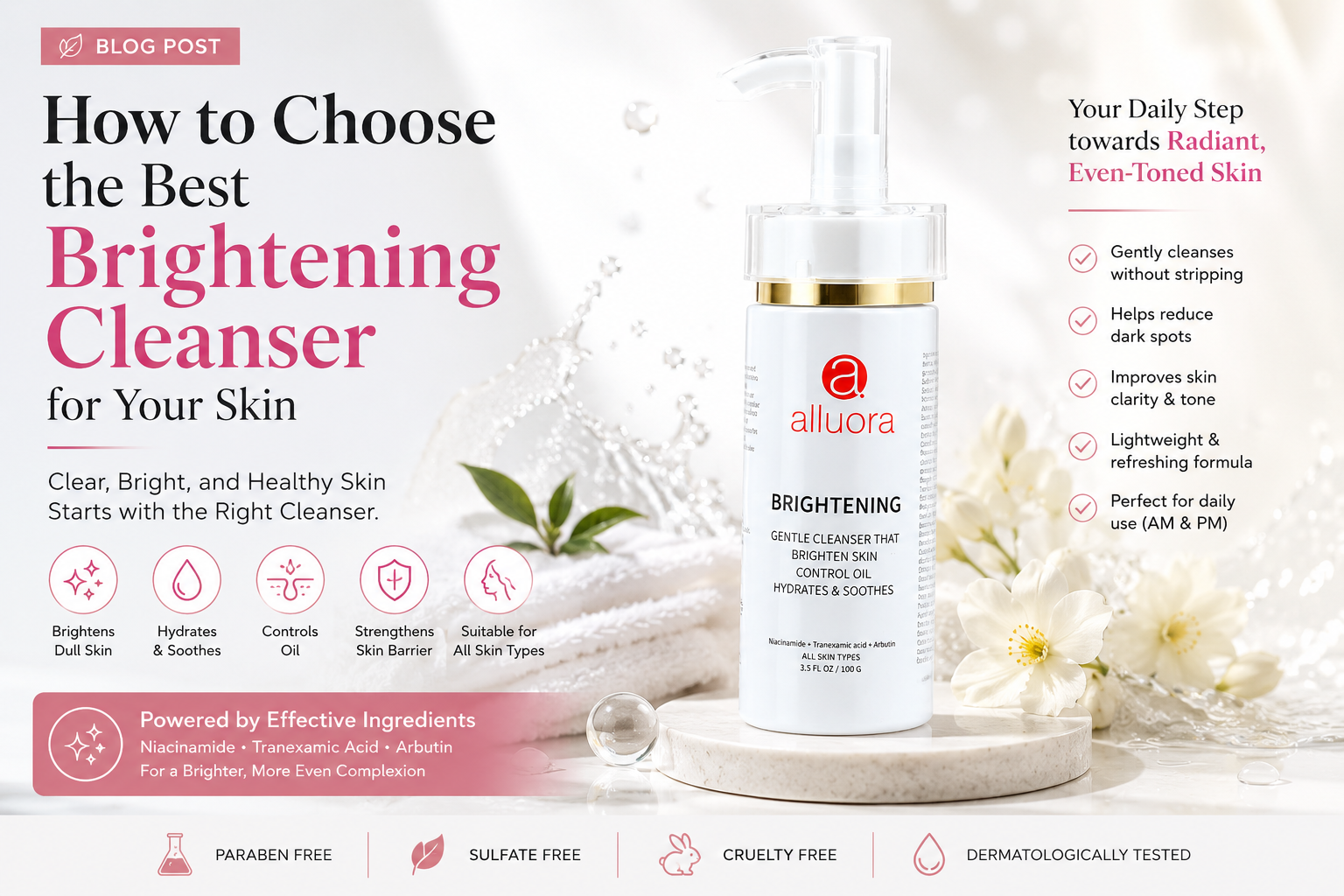 Alluora Brightening Cleanser with Niacinamide, Tranexamic Acid, and Arbutin for brighter skin, dark spot reduction, oil control, and healthy glowing skin in Singapore.
