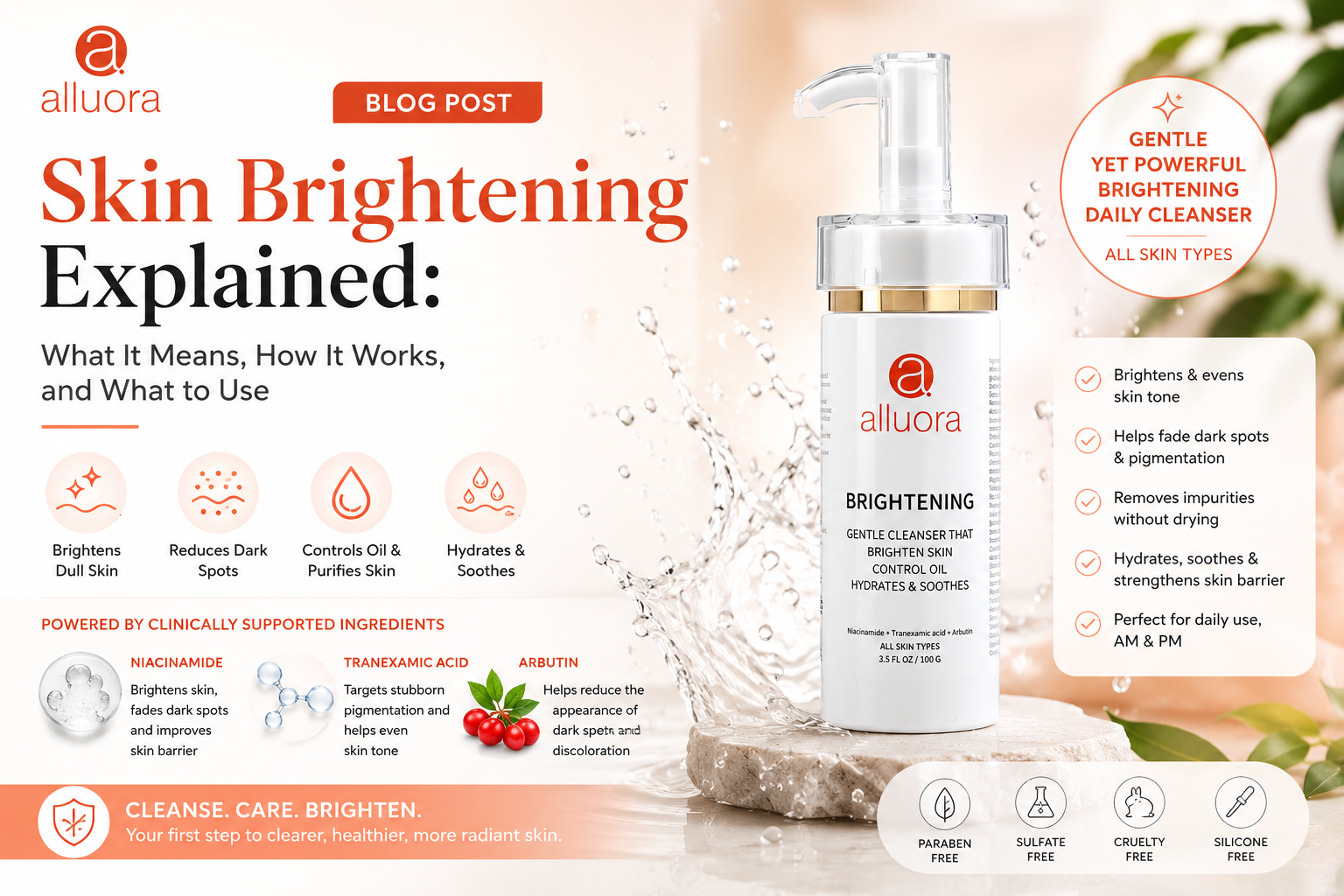 Alluora Brightening Cleanser with Niacinamide, Tranexamic Acid, and Arbutin for skin brightening, dark spot reduction, even skin tone, and healthy glowing skin in Singapore.