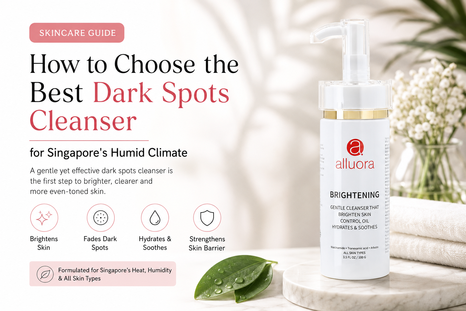 Alluora Brightening Cleanser with Niacinamide, Tranexamic Acid, and Alpha Arbutin shown as a gentle daily dark spots cleanser for brighter, clearer, and more even-looking skin.