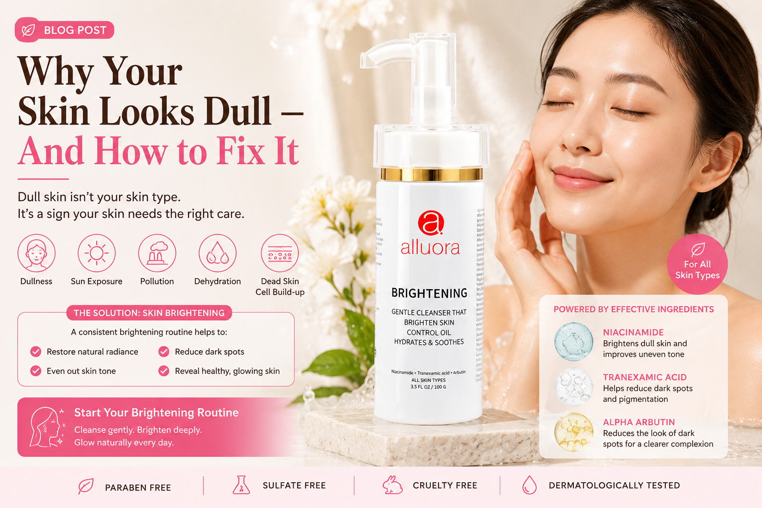 Alluora Brightening Cleanser with Niacinamide, Tranexamic Acid, and Alpha Arbutin helps brighten dull skin, reduce dark spots, control excess oil, and restore a healthy glow for all skin types in Singapore.