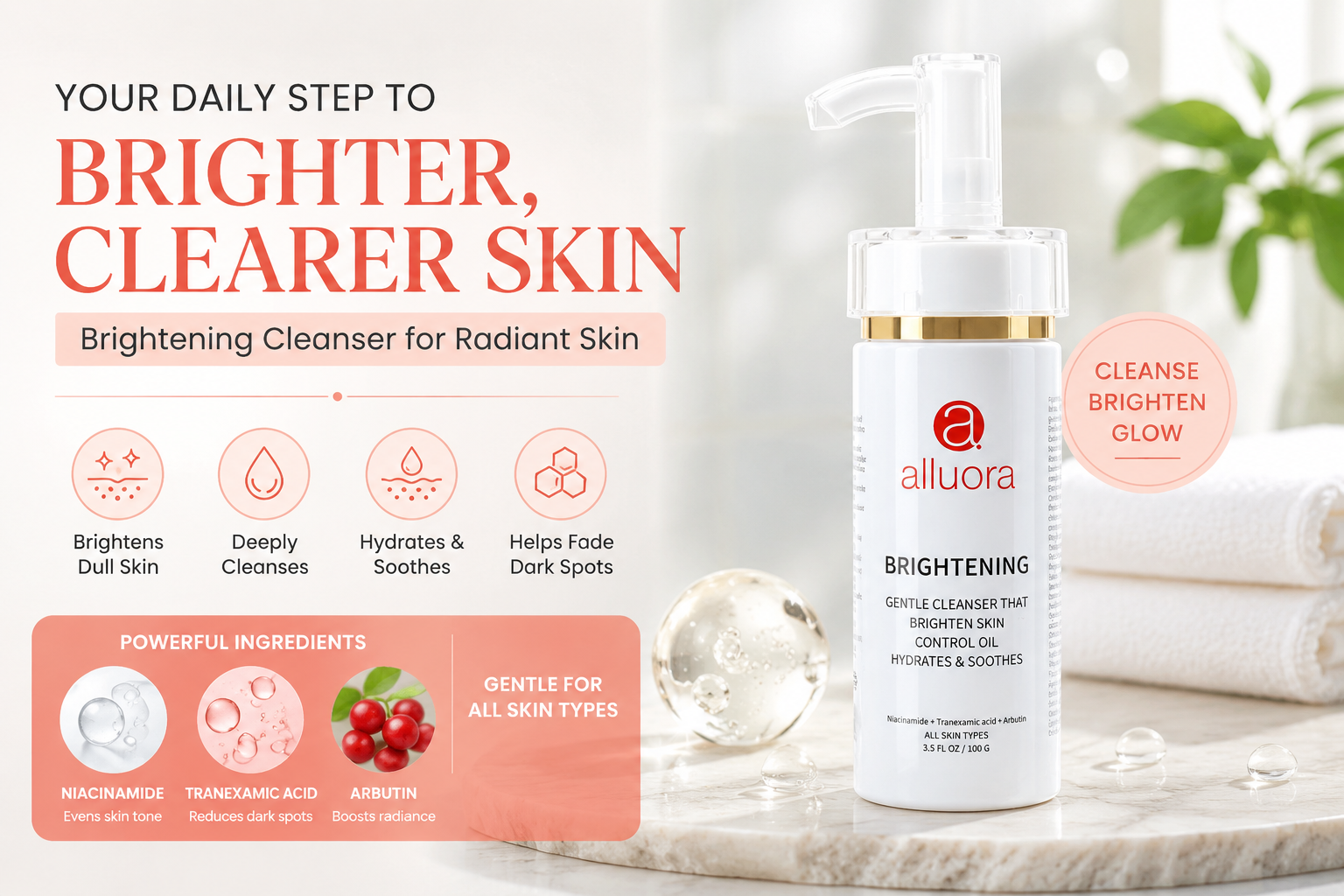 Alluora brightening cleanser with niacinamide, tranexamic acid and arbutin for brighter-looking skin
