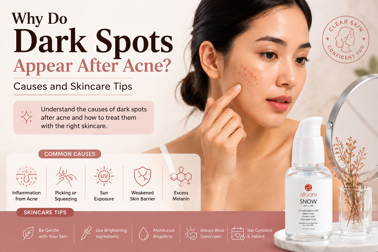 Why do dark spots appear after acne? Causes and skincare tips with Alluora Snow Serum