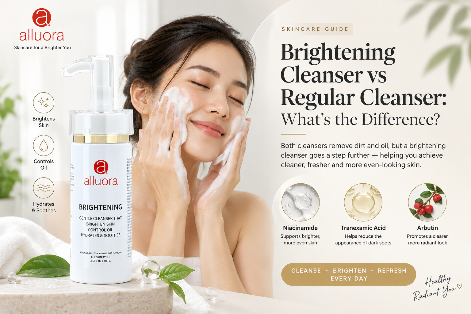 Brightening cleanser vs regular cleanser comparison featuring Alluora Brightening Cleanser for brighter and even-looking skin