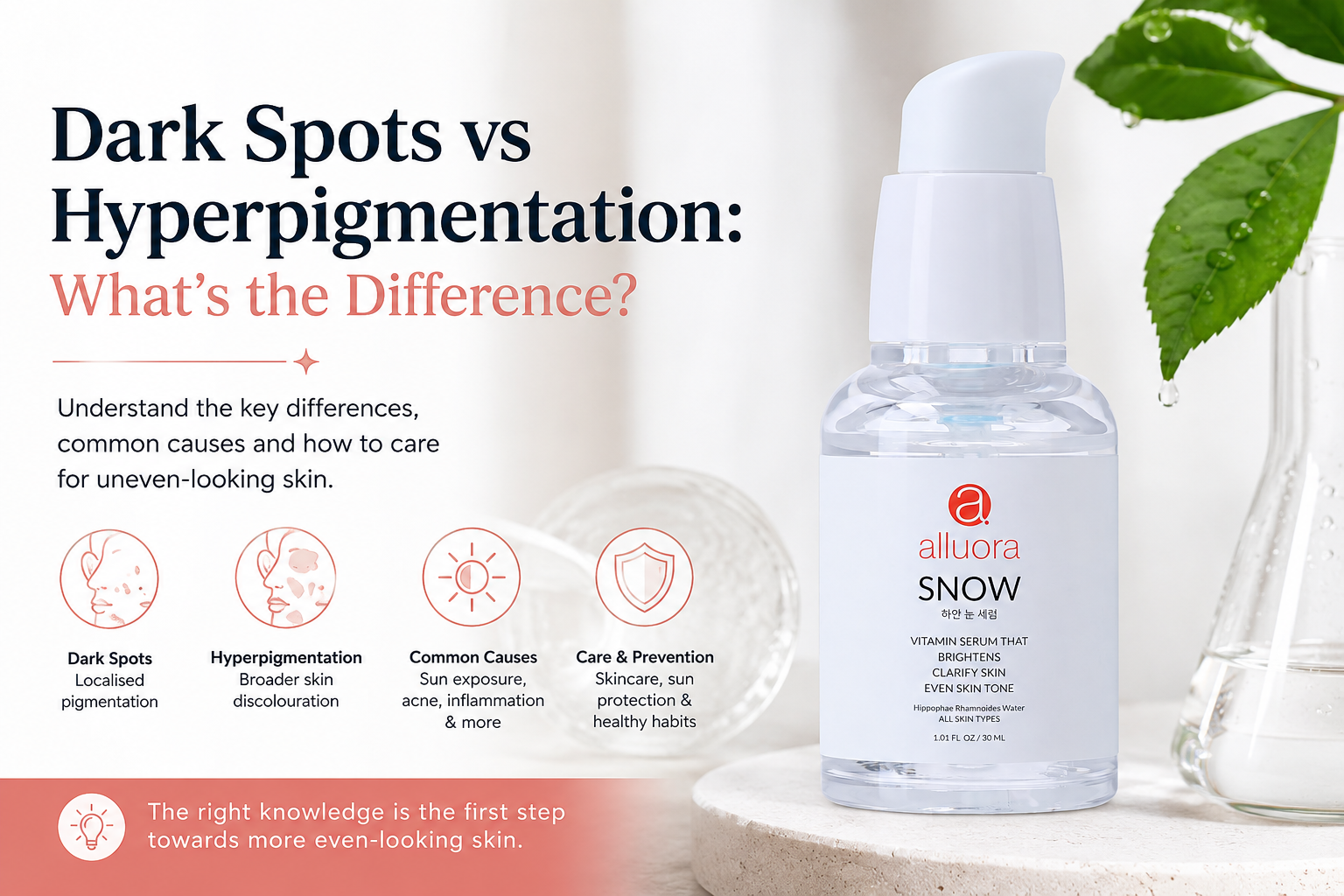 Dark spots after acne vs hyperpigmentation skincare guide featuring Alluora Snow Serum